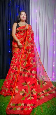 Red Orange Pure Handloom Dhakai Jamdani Saree From Bengal