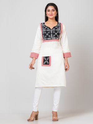 White Pure Handloom Kantha Stitch Kurti From Bengal