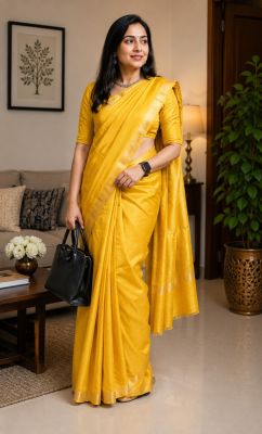 Mustard Yellow Pure Handloom Maslin Tussar Silk Saree From Bengal