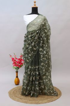 Moss Green Leaf Thread Work Organza Saree