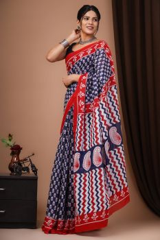 Blue Block Print Cotton mulmul saree