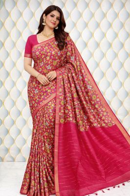 Red Pure Handloom Beautiful Katan Silk Ajrakh Print Saree From Bhagalpur