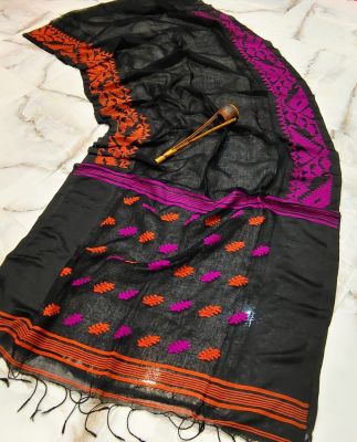 Black Pure Handloom Linen By Linen Saree From Bengal