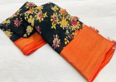 Black Floral Design Linen Saree Digital Prints From Bhagalpur