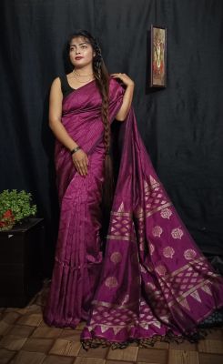 Purple Pure Handloom Silk Cotton Saree From Bengal