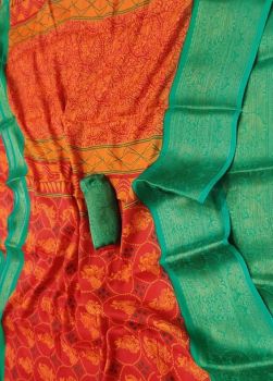 Orange Linen Saree Digital Prints From Bhagalpur