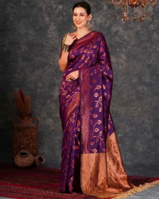 Purple Pure Handloom Banarasi Silk Saree From Banaras