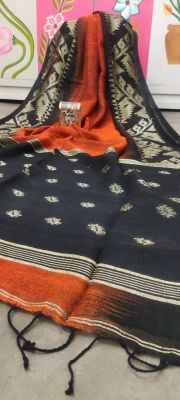 Red Black Pure Handloom Linen By Linen Saree From Bengal