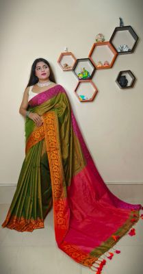 Mehandi Green Pure Handloom Tissue Silk Saree From Bengal