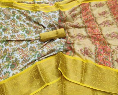 White Linen Saree Digital Prints From Bhagalpur
