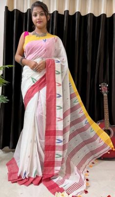 White Pure Handloom Silk Cotton Saree From Bengal