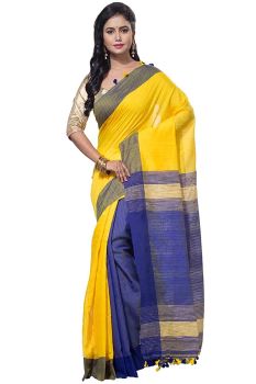 Yellow And Blue Pure Handloom Cotton From Bengal Silk Saree