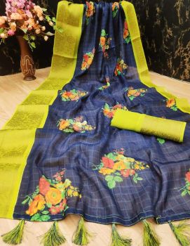Greyish Blue Linen Saree Digital Prints From Bhagalpur