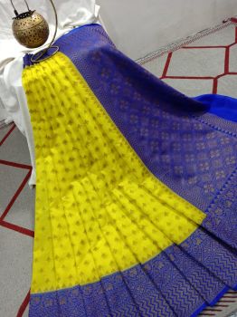 Lemon Yellow Silk Flower Design Saree