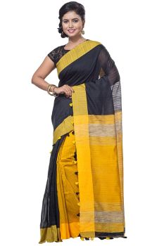 Black And Yellow Pure Handloom Cotton From Bengal Silk Saree