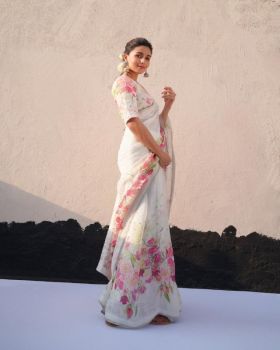 White Pink Flower Design Printed Work Linen Sree