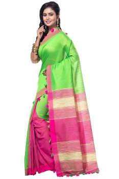 Green And Pink Pure Handloom Cotton From Bengal Silk Saree
