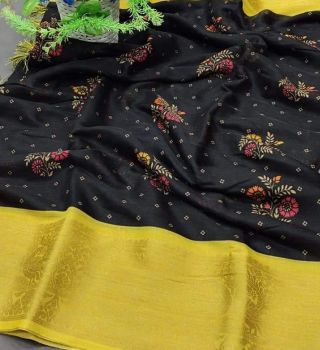 Black Linen Saree Digital Prints From Bhagalpur