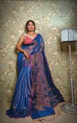 Teal Pure Handloom Tissue Silk Saree From Bengal