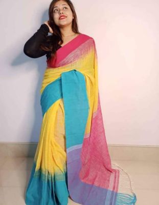 Multi Colour Pure Handloom Cotton Saree From Bengal