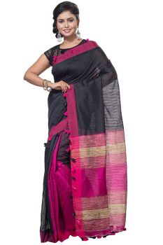 Black And Pink Pure Handloom Cotton From Bengal Silk Saree