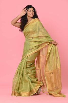 Golden Linen Tissue Pure Handloom Embroidery Saree From Bhagalpur