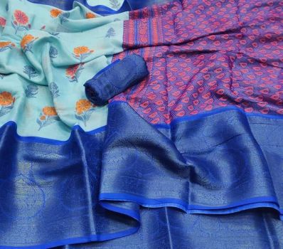 Blue Linen Saree Digital Prints From Bhagalpur