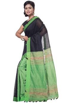 Black And Green Pure Handloom Cotton Silk Saree