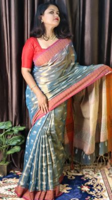 Slate Gray Handloon Tissue Cotton Saree From Bengal