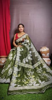 Mehandi Green Pure Handloom Dhakai Jamdani Cotton  Saree From Bengal