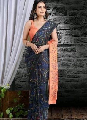 Navy Pure Handloom Madhubani Saree From Bengal
