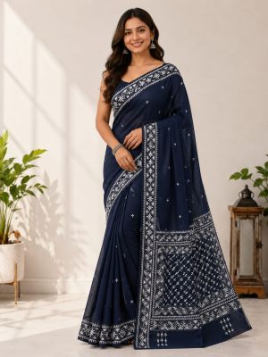 Bluish Pure Handloom Semi Silk Kanthastitch Saree From Bengal