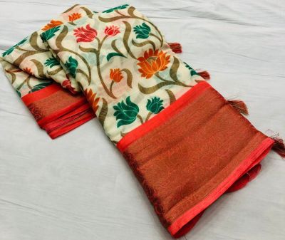 Off White Linen Saree Digital Prints From Bhagalpur