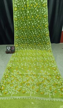Parrot Green Pure Handloom Muslin Dhakai Jamdani Cotton Saree From Bengal