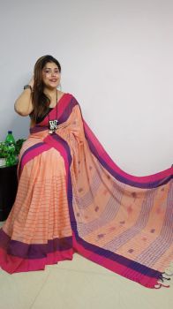 Light Peach Buti Checks Pure Handloom Cotton Saree