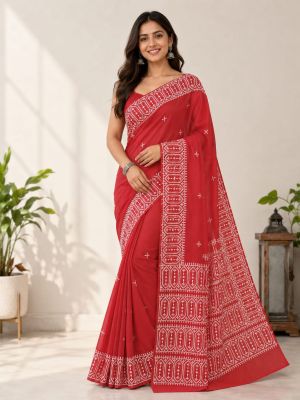 Red Pure Handloom Semi Silk Kanthastitch Saree From Bengal