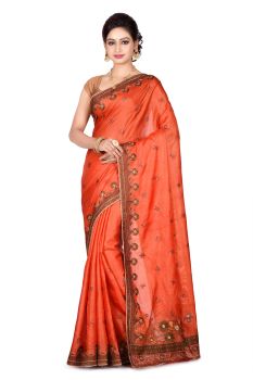 Dark Peach Flower Pure Silk Saree