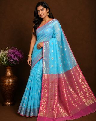 Sky blue Pure Handloom Dhakai Jamdani Saree From Bengal