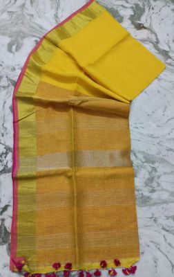 yellow Linen By Linen Pure Handloom Saree From Bengal