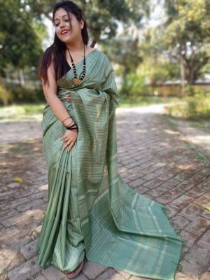 Tealish Green Tussar Silk Pure Handloom Saree From Bengal