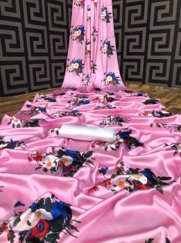 Pink Printed Flower Design Heavy Satin Silk Saree