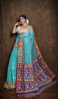Aqua Blue Pure Handloom Dhakai Jamdani Saree From Bengal