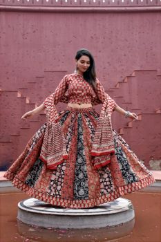Red Hand Block Printed Cotton Top Skirt With Dupatta