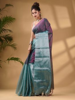 Dusty Purple Aqua Pure Handloom Tissue Saree From Bengal