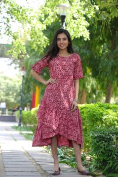 Light Maroon Pure Cotton Hand Block Printed One Piece