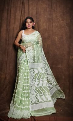 Grayish Green Pure Handloom Dhakai Jamdani Saree From Bengal