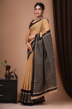 Brown Block Print Cotton mulmul saree