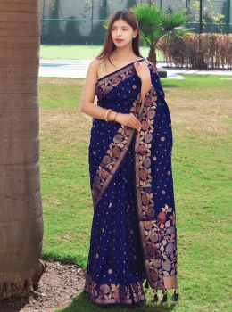 Navy Blue Butta Rich Pallu Jacquard Work Banarasi Saree