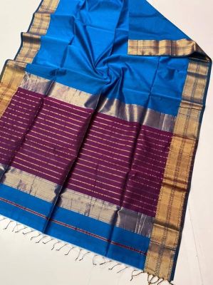 Purple Blue Pure Handloom Maheshwari Silk Cotton Saree From Bengal