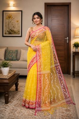 Bright Yellow Pure Handloom Resham Dhakai Jamdani Saree From Bengal